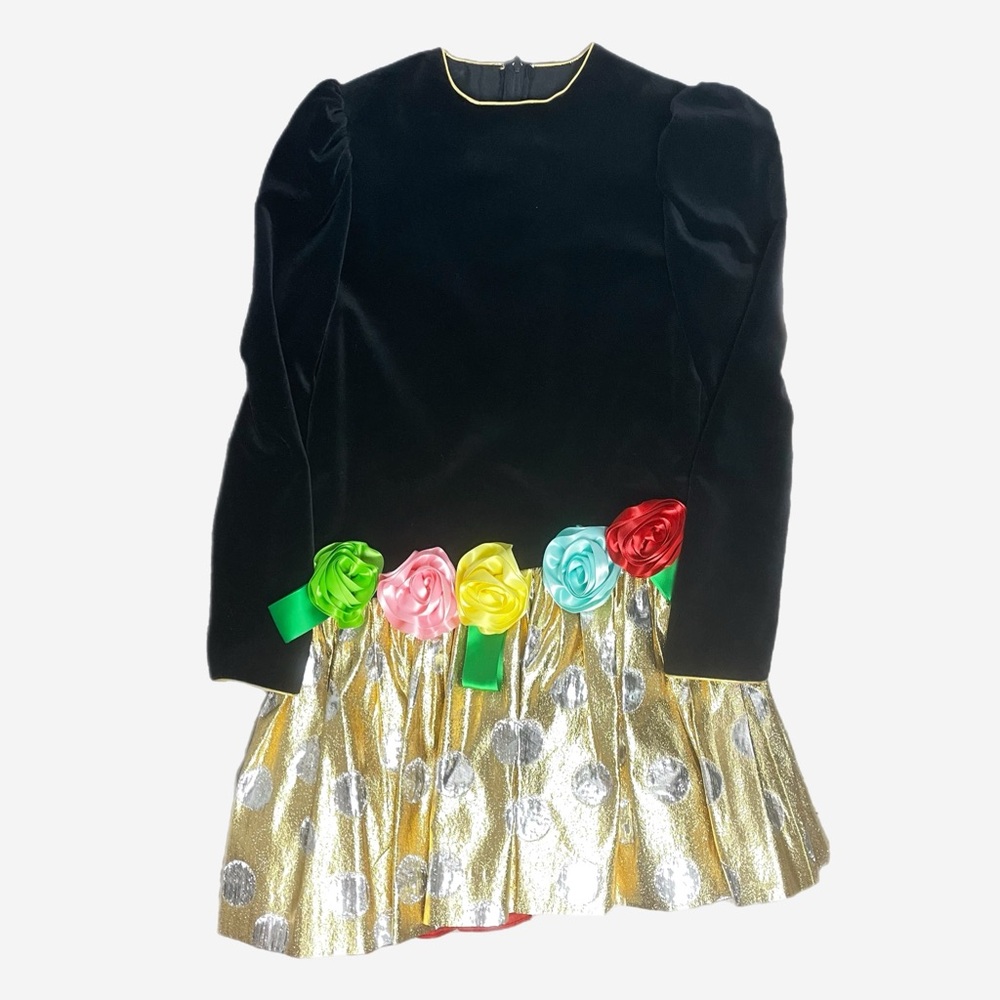 Vintage 80s/90s Raul Blanco girls black velvet gold lamé 3D rosette dress 14